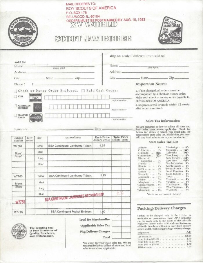 1983 15th World Jamboree Souvenir Order Form