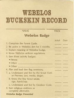 Certificate 1988 Printing 4224 Webelos Buckskin Record and Arrow of Light Record