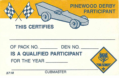 Certificate 3718 Pinewood Derby Participant