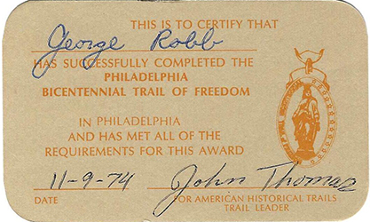 Certificate 1974 Philadelphia Bicentennial Trail of Freedom JT